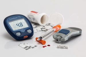 Insulin Insulinspritze Blutzuckermessgerät im Handgepäck